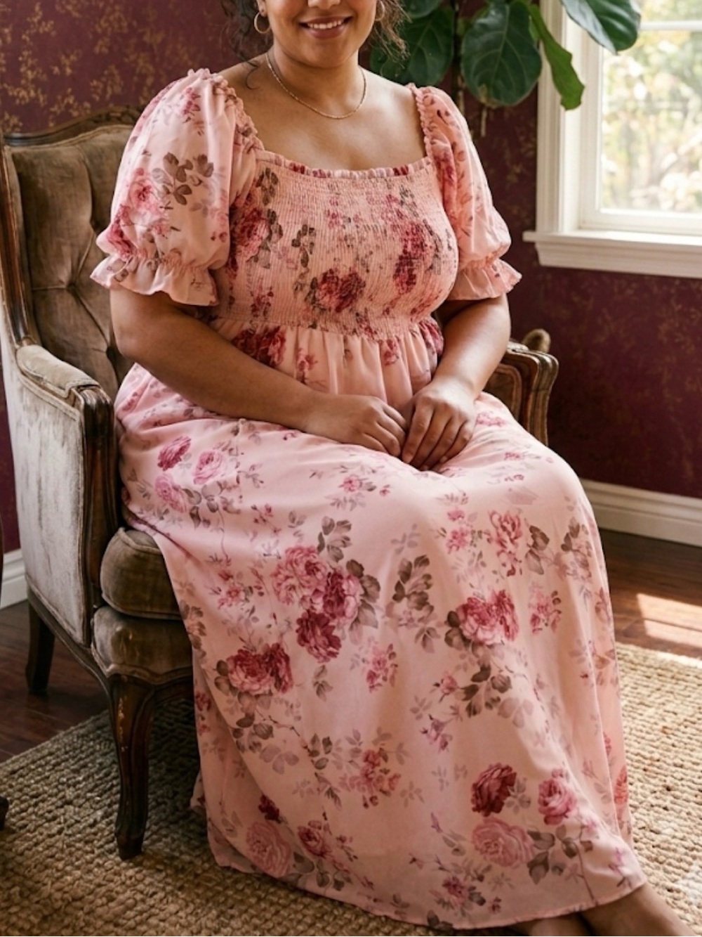 Scarlet Darkness Blush Pink Floral Puff Sleeve Maxi Dress plus size 2XL